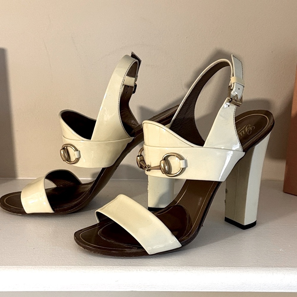 Gucci Cream Patent Leather Block Heel Sandals